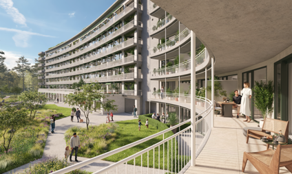 Nieuwbouw Genk Bosart - zicht vanaf het terras op de binnentuin