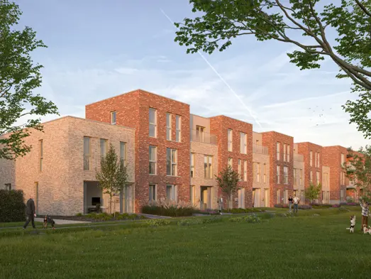 Wijnegem Ertbrugge woningen tuin gras blauwe lucht bomen warme buurt