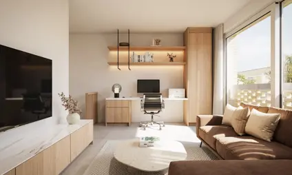 Tijl Uilenspiegel woningen appartementen linkeroever groen Antwerpen living zetel sofa bureau A4.1.2 3 slaapkamers