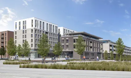 Bâtiments élégants et modernes à Quartier Bleu, Hasselt, mettant en valeur un design contemporain.