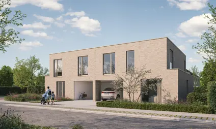 Maison jumelée moderne, briques claires, deux garages, voiture à l’intérieur. Varsenare.