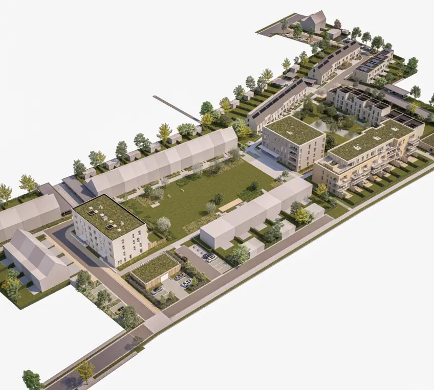 Geel Laar appartementen woningen luchtbeeld zuidgerichte terrassen wandelen mensen groen park bomen