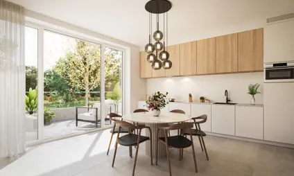 Tijl Uilenspiegel woningen linkeroever groen Antwerpen interieur keuken eetruimte eettafel