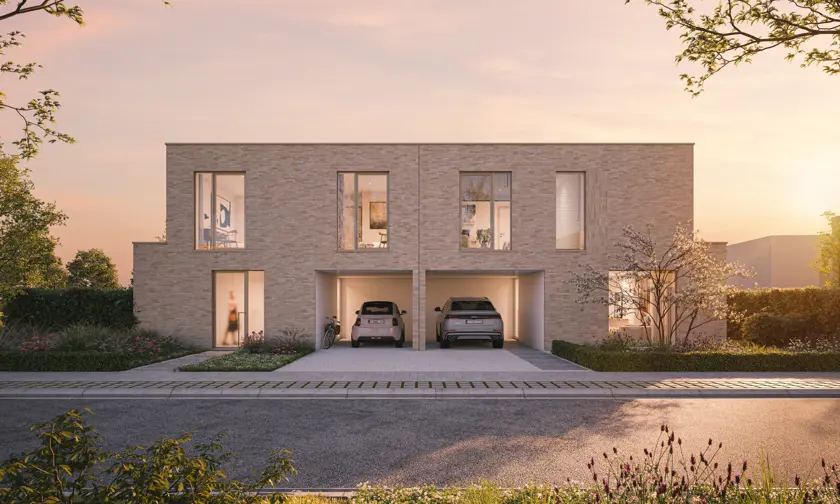 Maison jumelée moderne, deux garages avec voitures, briques claires, grandes fenêtres, arbres, ciel rose.