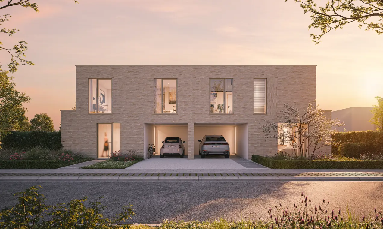 Maison jumelée moderne, deux garages avec voitures, briques claires, grandes fenêtres, arbres, ciel rose.