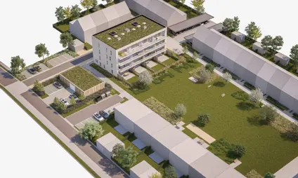 Geel Laar appartementen woningen luchtbeeld zuidgerichte terrassen wandelen mensen groen park bomen